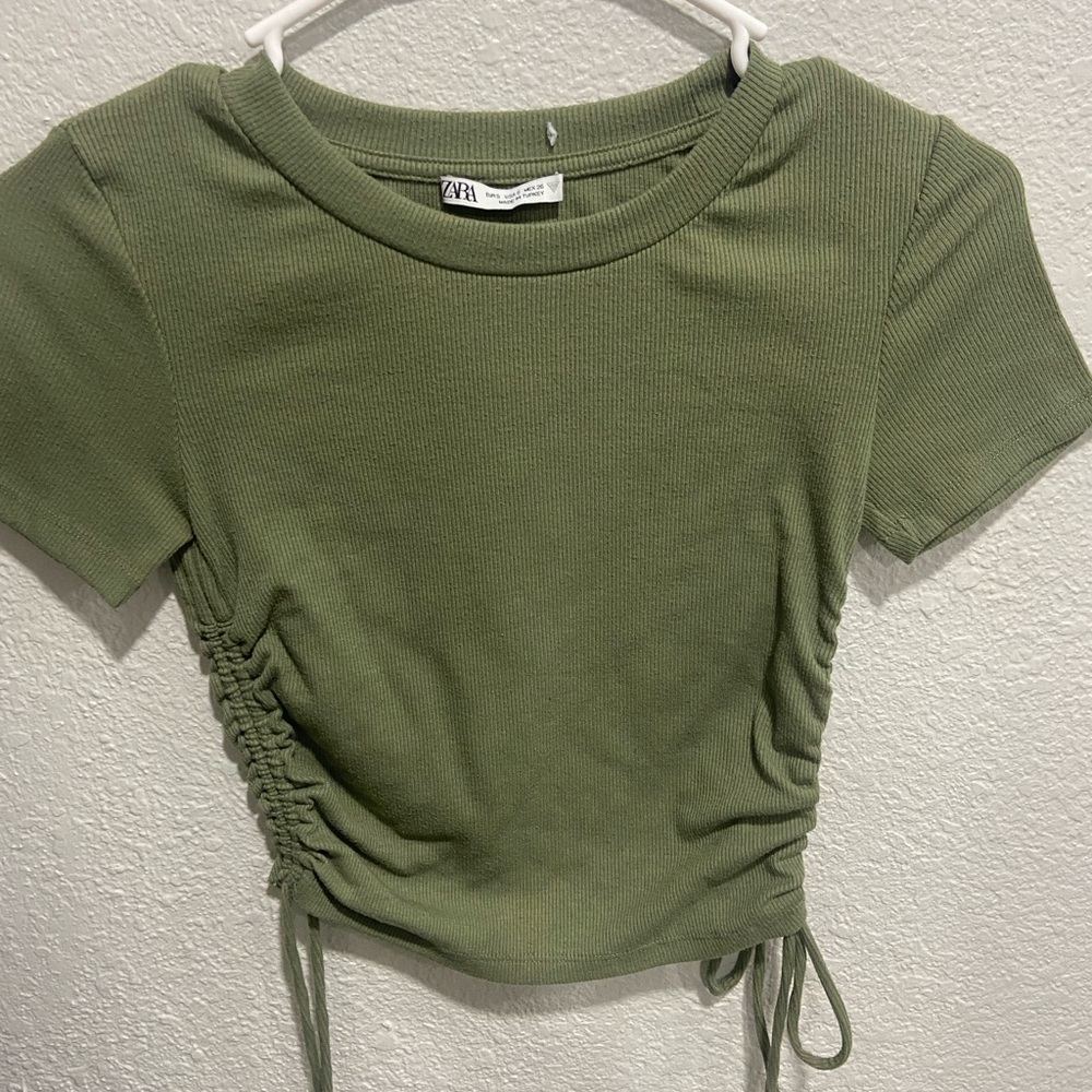 Zara Sage Green Ruched Short Sleeve Top